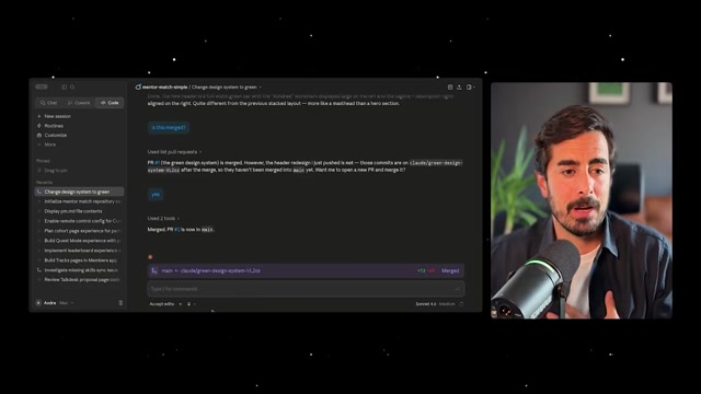 Claude Code 界面：左侧 session 列表每条≈一个 epic（「Change design system to green」「Initialize mentor match repository」…），主面板里 Claude 报告绿色设计系统的 PR #1 已 merge 进 main