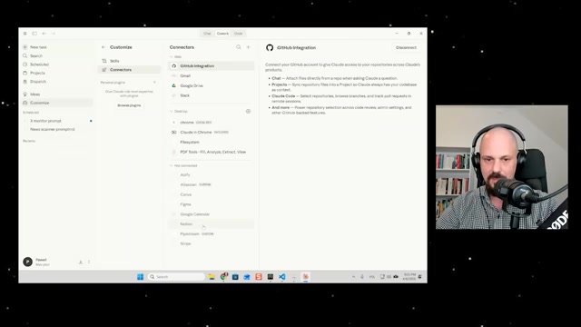Claude 桌面端的 Connectors 面板：GitHub、Gmail、Google Drive、Slack、Chrome、Claude in Chrome、PDF Tools，以及 Atlassian / Figma / Notion / Stripe 等几十上百个外部应用「插头」（22:00）