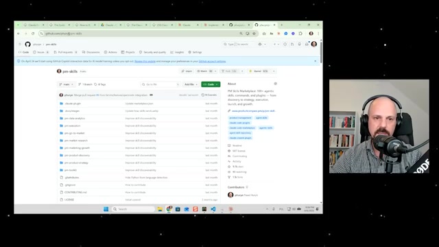 Pavel 的开源仓库 phuryn/pm-skills——按领域分的 plugin 目录（pm-data-analytics、pm-go-to-market、pm-market-research、pm-product-discovery、pm-product-strategy 等），右侧标注「PM Skills Marketplace 100+ agentic skills, commands and plugins」（25:00）