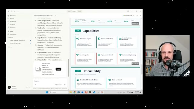 一句「design product strategy」生成的「Amazon 产品战略画布」：含价值主张、权衡取舍、关键指标（北极星=月度复购率）、Capabilities（AI 训练引擎 / 信任与验证 / 卖家分析平台 / 绿色物流 / 支付网络 / 可持续评分）与 Defensibility（双边网络效应 / 品牌信任）——配色、布局、图标均为 Claude 自行发挥（40:00）