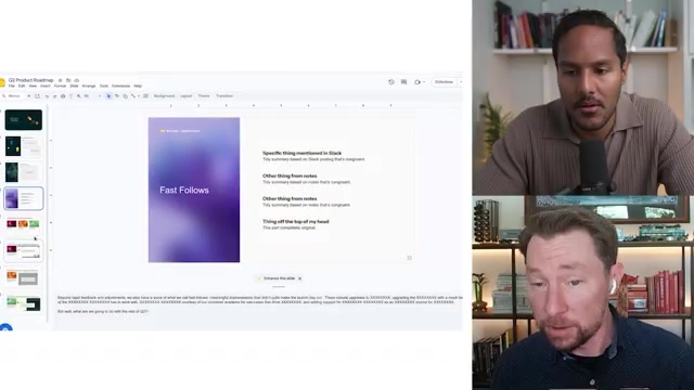 deck 里的「Fast Follows」一页：右侧逐条标注每块内容的「原材料来源」——「Slack 里提到的某句」「笔记里的某条」「我脑子里现想的（完全原创）」，正是『先盘点手头有什么原材料』的可视化