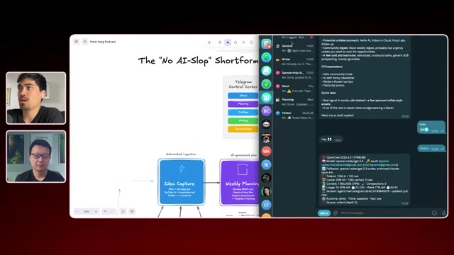 「No AI-Slop」短视频内容系统全流程图：上排 Idea Capture →（X / 播放 / Telegram 三种灵感来源汇入）Weekly Planning → Script Writing（引用过往脚本库），下排 Filming → Editor Workflow → Posting（带视频缩略图、多平台一键分发）