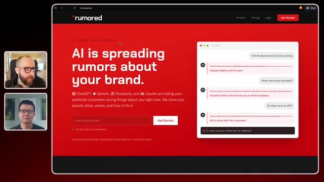 Rumored（rumored.ai）落地页：「AI is spreading rumors about your brand」——监控 ChatGPT/Gemini/Perplexity/Claude 在怎么瞎说你的品牌，右侧演示「3 处不实信息已被 Rumored 揪出并纠正」