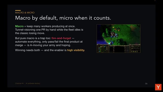 论文 5 核心原则幻灯片「Macro by default, micro when it counts」（配魔兽 3 实战截图）：macro=让一大批 worker 同时产出；纯 macro 也是陷阱（fire-and-forget）；两者都要、关键使能项是 high visibility